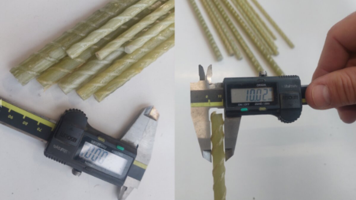 Diameter van een glasvezelstaaf wordt gecontroleerd met een schuifmaat